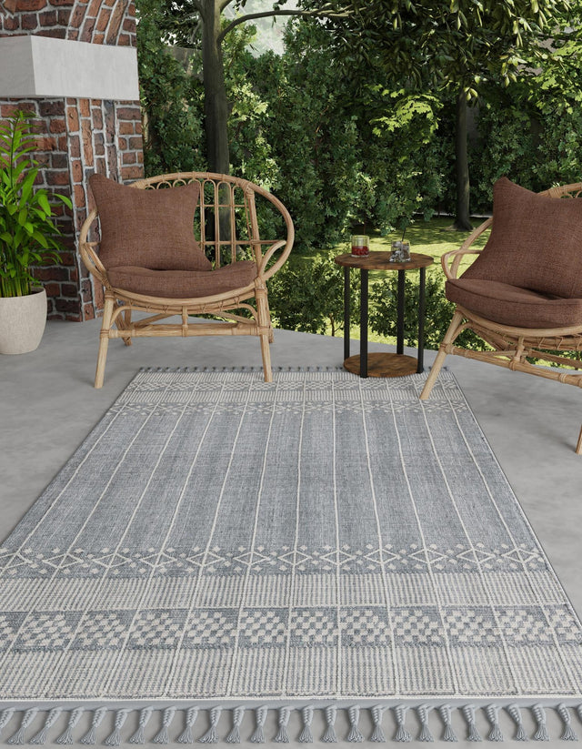 Cool Gray 7' 10 x 10' Eco Bohemian Indoor Outdoor Rectangle Area Rug Weather Resistant for Patio, Deck, Terrace, Balcony, Porch 100% Recycled PET Polyester Carpet Mat for Sale at Rug Engine