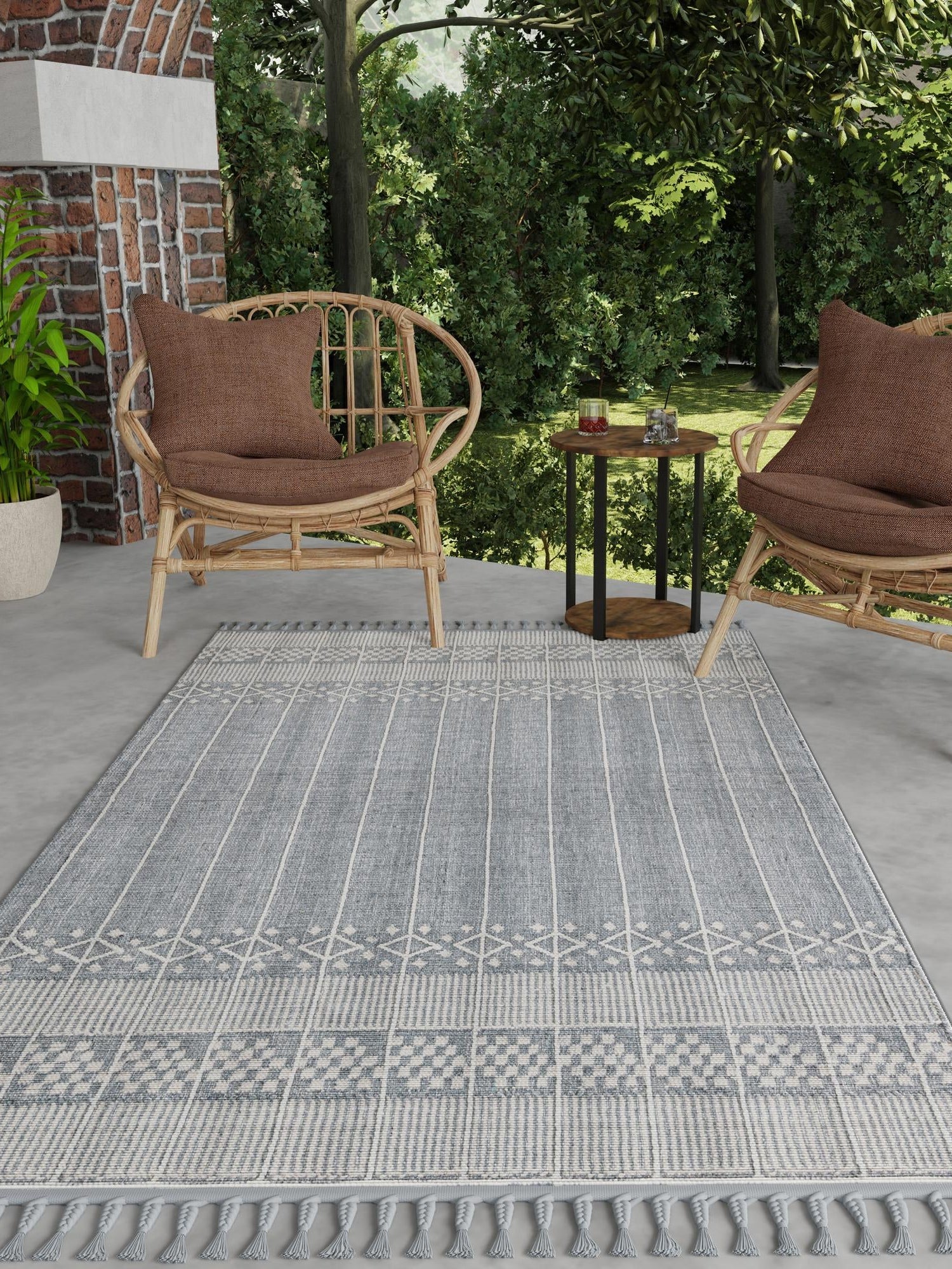 Cool Gray 4' 1 x 6' 1 Eco Bohemian Indoor Outdoor Rectangle Area Rug Weather Resistant for Patio, Deck, Terrace, Balcony, Porch 100% Recycled PET Polyester Carpet Mat for Sale at Rug Engine