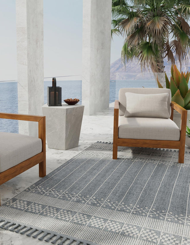 Cool Gray 7' 10 x 10' Eco Bohemian Indoor Outdoor Rectangle Area Rug Weather Resistant for Patio, Deck, Terrace, Balcony, Porch 100% Recycled PET Polyester Carpet Mat for Sale at Rug Engine