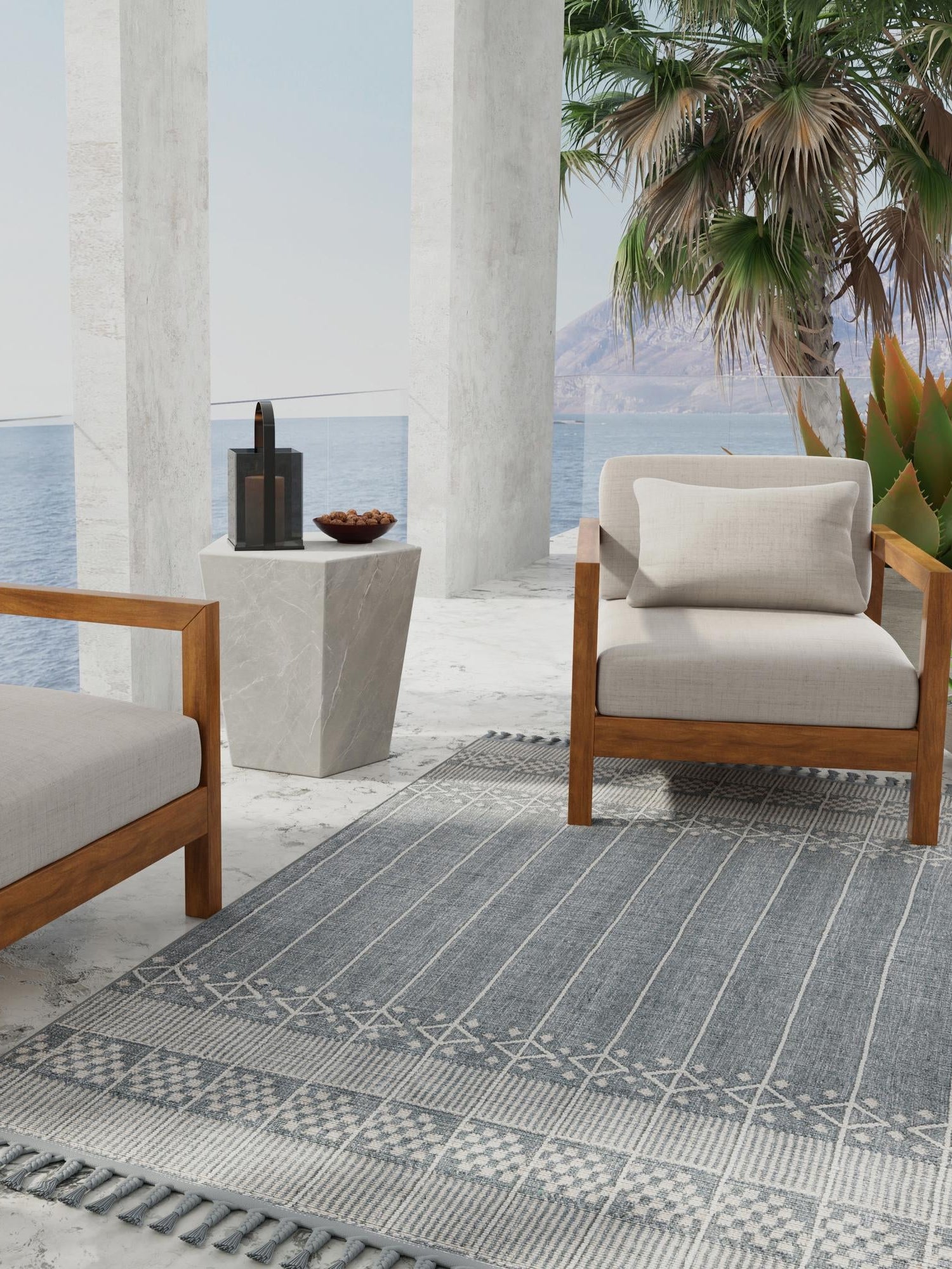 Cool Gray 9' x 12' Eco Bohemian Indoor Outdoor Rectangle Area Rug Weather Resistant for Patio, Deck, Terrace, Balcony, Porch 100% Recycled PET Polyester Carpet Mat for Sale at Rug Engine