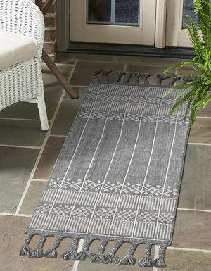Cool Gray 2' 2 x 8' 2 Eco Bohemian Indoor Outdoor Runner Area Rug Weather Resistant for Patio, Deck, Terrace, Balcony, Porch 100% Recycled PET Polyester Carpet Mat for Sale at Rug Engine
