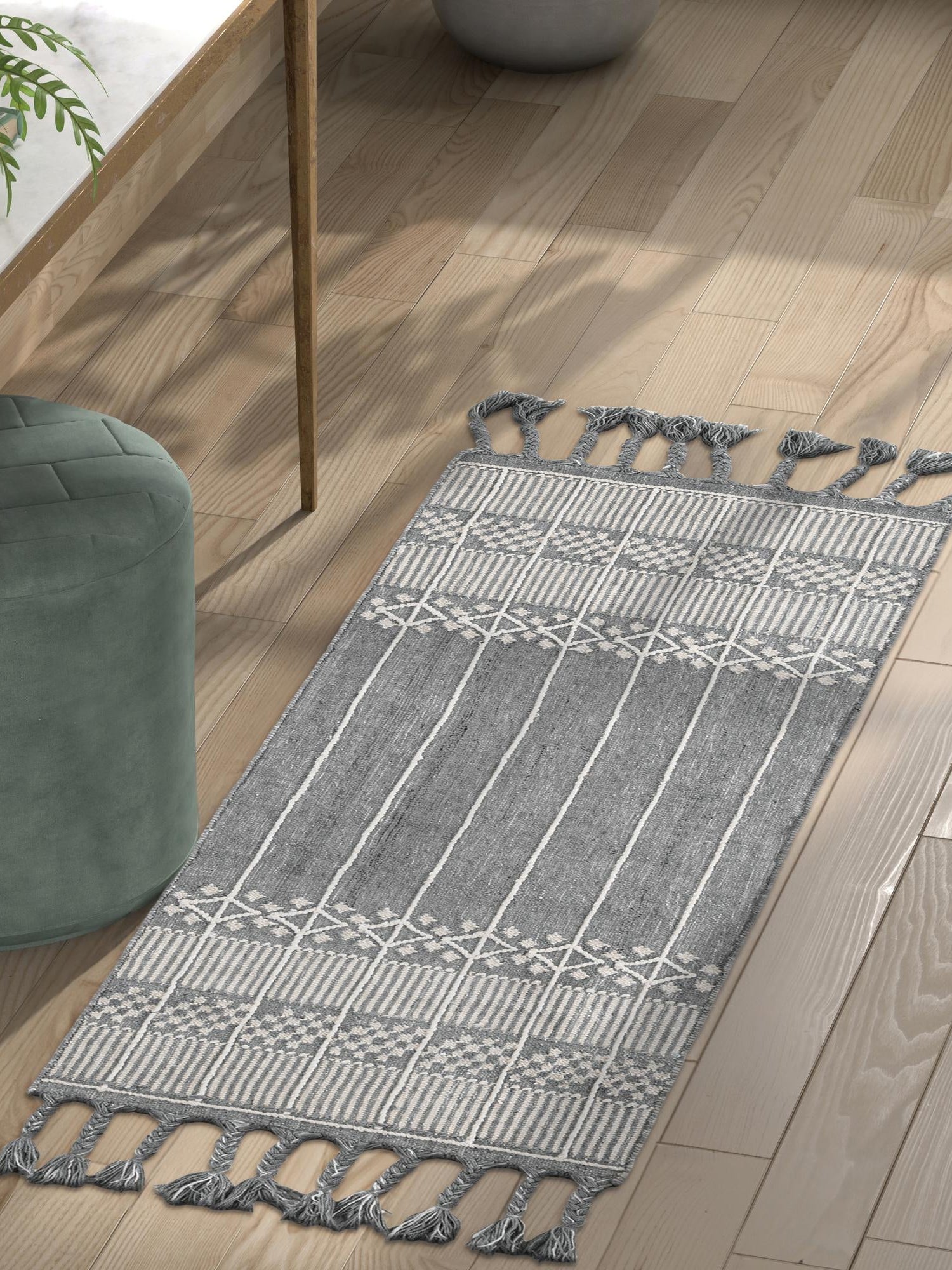 Cool Gray 2' 2 x 6' 7 Eco Bohemian Indoor Outdoor Runner Area Rug Weather Resistant for Patio, Deck, Terrace, Balcony, Porch 100% Recycled PET Polyester Carpet Mat for Sale at Rug Engine