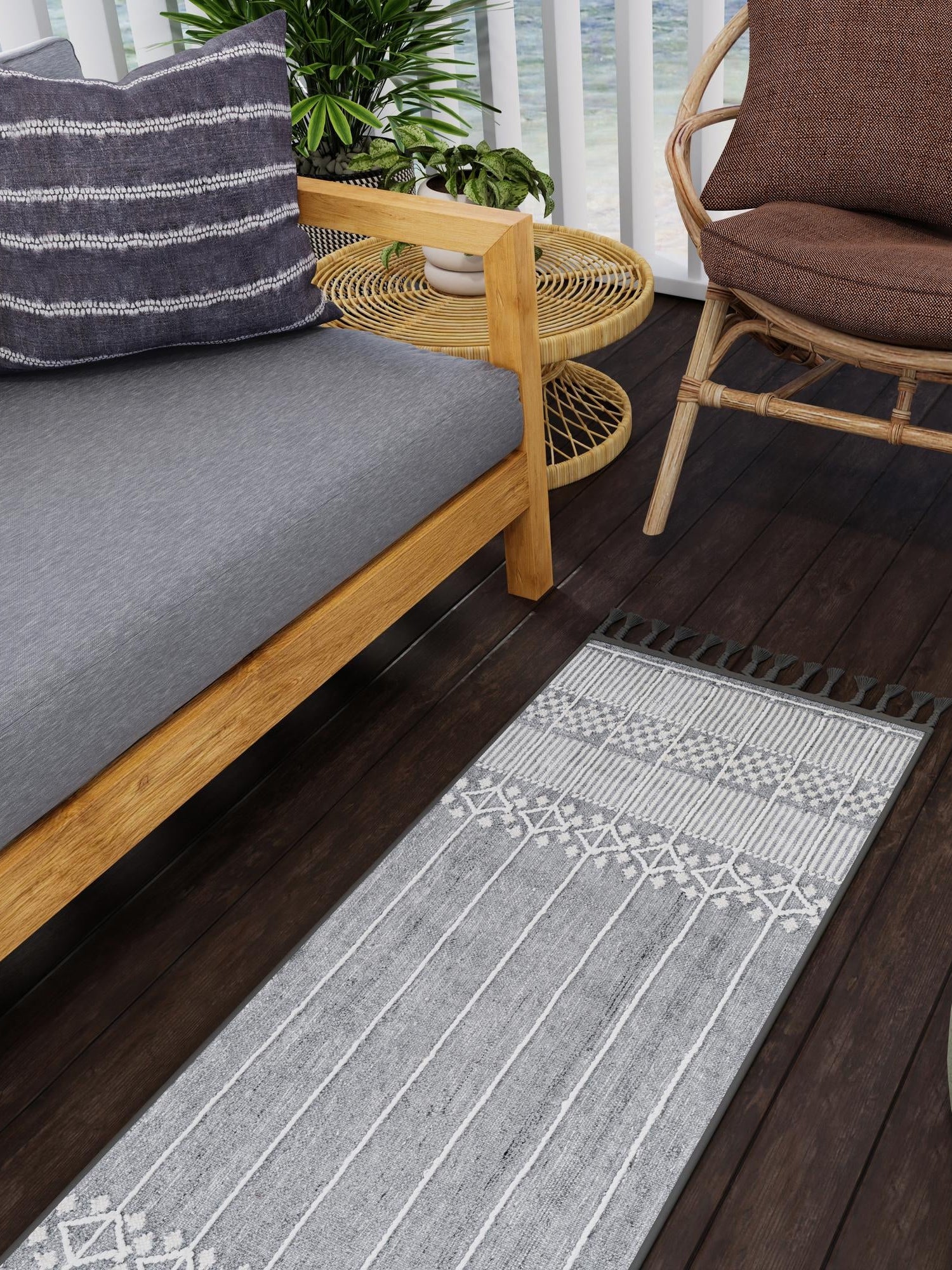 Cool Gray 2' 2 x 6' 7 Eco Bohemian Indoor Outdoor Runner Area Rug Weather Resistant for Patio, Deck, Terrace, Balcony, Porch 100% Recycled PET Polyester Carpet Mat for Sale at Rug Engine
