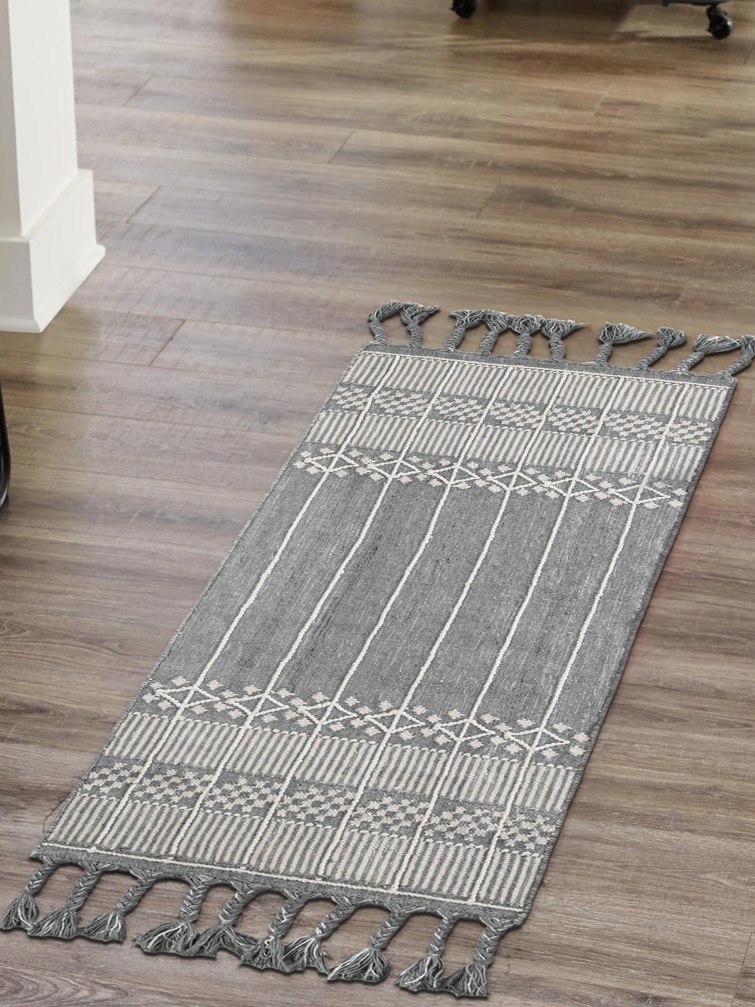 Cool Gray 2' 2 x 5' 1 Eco Bohemian Indoor Outdoor Runner Area Rug Weather Resistant for Patio, Deck, Terrace, Balcony, Porch 100% Recycled PET Polyester Carpet Mat for Sale at Rug Engine