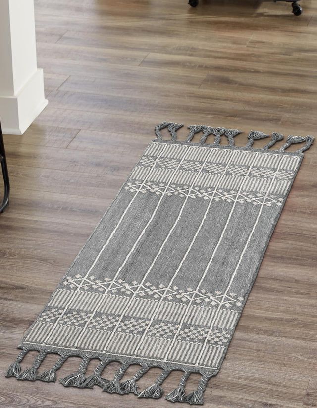 Cool Gray 2' 2 x 6' 7 Eco Bohemian Indoor Outdoor Runner Area Rug Weather Resistant for Patio, Deck, Terrace, Balcony, Porch 100% Recycled PET Polyester Carpet Mat for Sale at Rug Engine