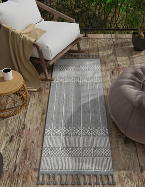 Cool Gray 2' 2 x 8' 2 Eco Bohemian Indoor Outdoor Runner Area Rug Weather Resistant for Patio, Deck, Terrace, Balcony, Porch 100% Recycled PET Polyester Carpet Mat for Sale at Rug Engine