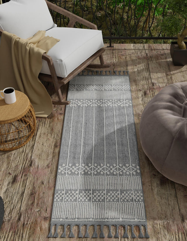 Cool Gray 2' 2 x 6' 7 Eco Bohemian Indoor Outdoor Runner Area Rug Weather Resistant for Patio, Deck, Terrace, Balcony, Porch 100% Recycled PET Polyester Carpet Mat for Sale at Rug Engine