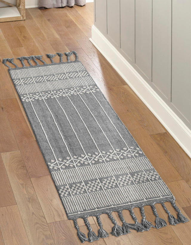 Cool Gray 2' 2 x 8' 2 Eco Bohemian Indoor Outdoor Runner Area Rug Weather Resistant for Patio, Deck, Terrace, Balcony, Porch 100% Recycled PET Polyester Carpet Mat for Sale at Rug Engine