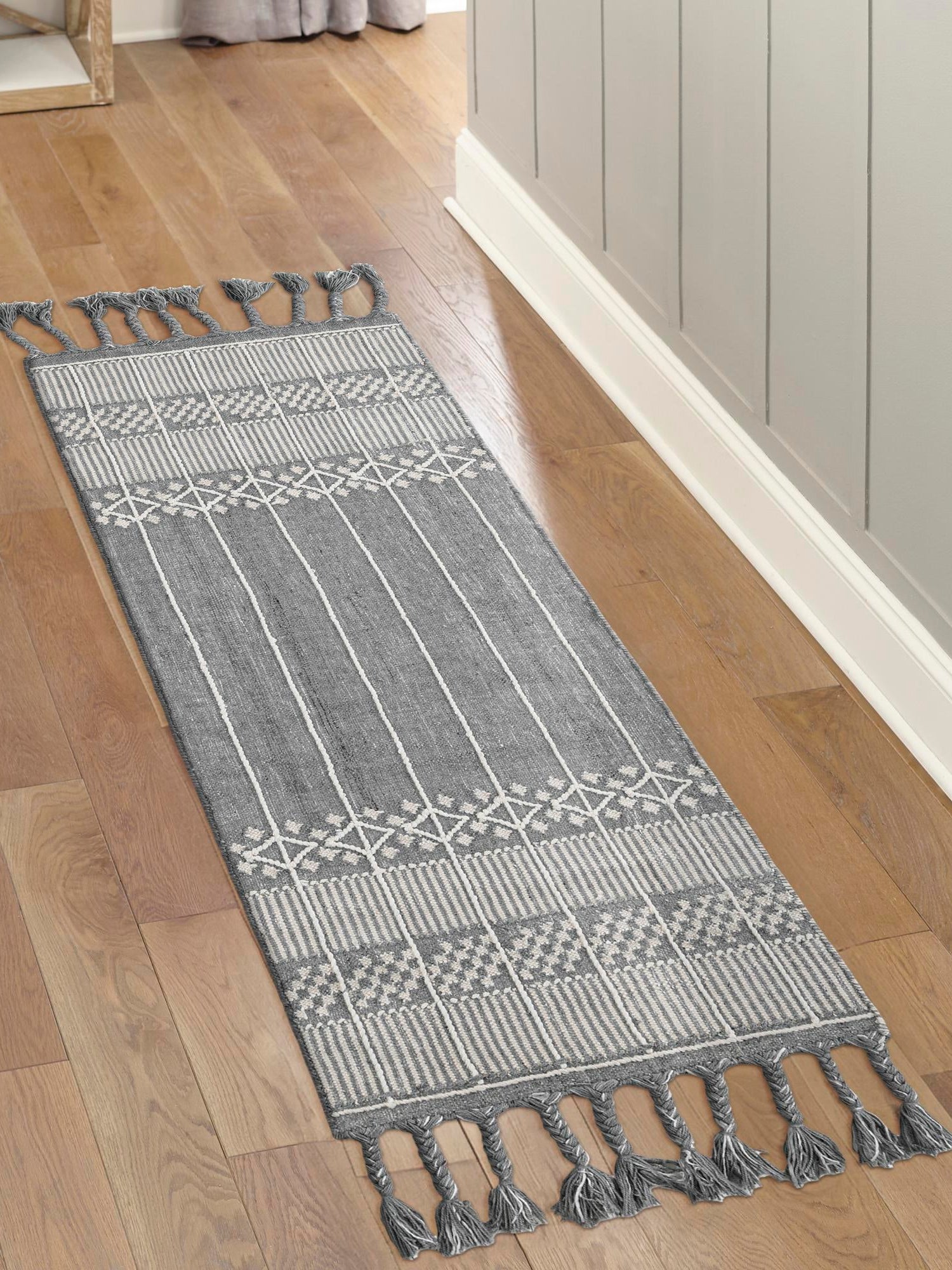 Cool Gray 2' 2 x 6' 7 Eco Bohemian Indoor Outdoor Runner Area Rug Weather Resistant for Patio, Deck, Terrace, Balcony, Porch 100% Recycled PET Polyester Carpet Mat for Sale at Rug Engine