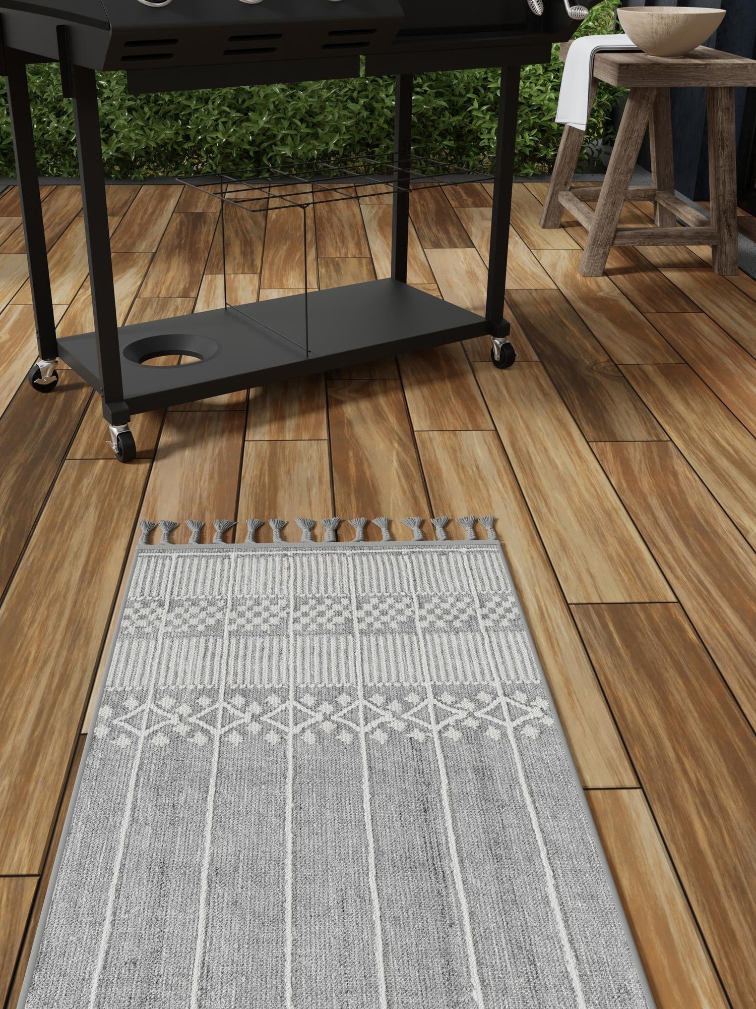 Cool Gray 2' 2 x 5' 1 Eco Bohemian Indoor Outdoor Runner Area Rug Weather Resistant for Patio, Deck, Terrace, Balcony, Porch 100% Recycled PET Polyester Carpet Mat for Sale at Rug Engine
