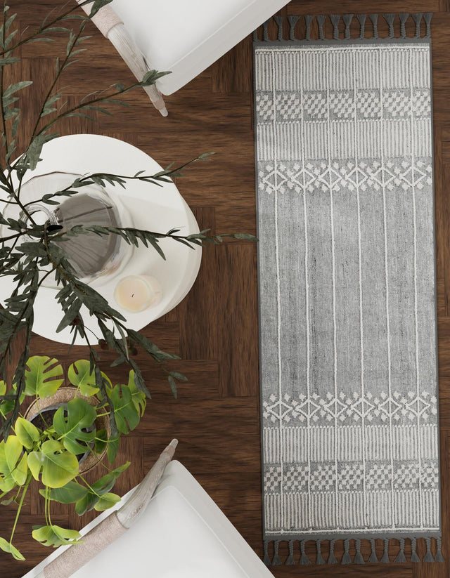 Cool Gray 2' 2 x 8' 2 Eco Bohemian Indoor Outdoor Runner Area Rug Weather Resistant for Patio, Deck, Terrace, Balcony, Porch 100% Recycled PET Polyester Carpet Mat for Sale at Rug Engine
