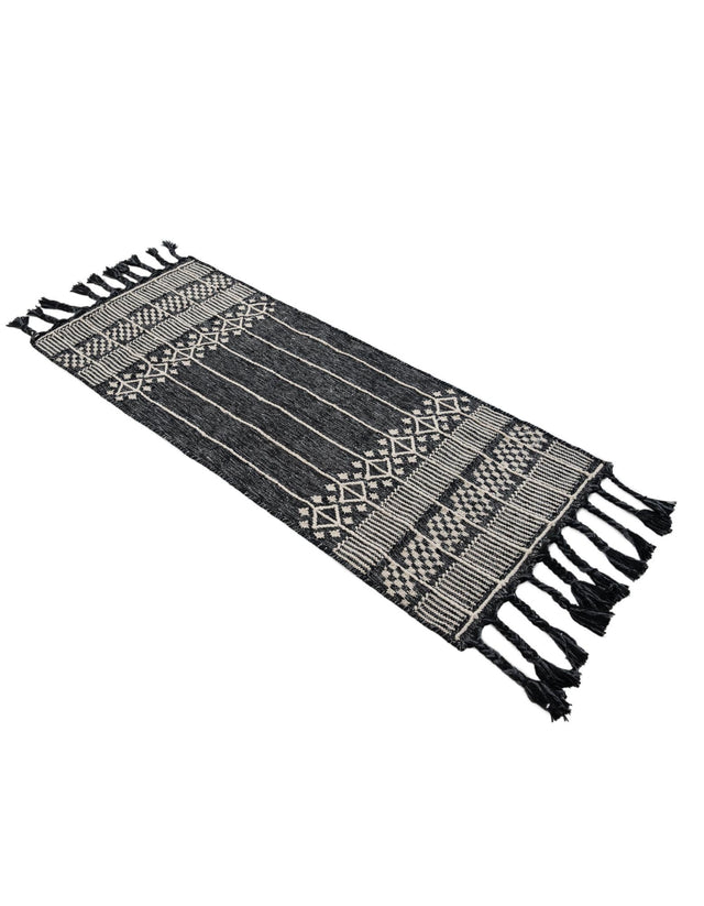 Charcoal Black 2' 2 x 5' 1 Eco Bohemian Indoor Outdoor Runner Area Rug Weather Resistant for Patio, Deck, Terrace, Balcony, Porch 100% Recycled PET Polyester Carpet Mat for Sale at Rug Engine