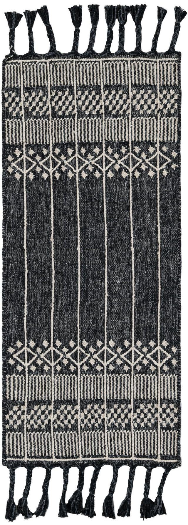 Charcoal Black 2' 2 x 5' 1 Eco Bohemian Indoor Outdoor Runner Area Rug Weather Resistant for Patio, Deck, Terrace, Balcony, Porch 100% Recycled PET Polyester Carpet Mat for Sale at Rug Engine