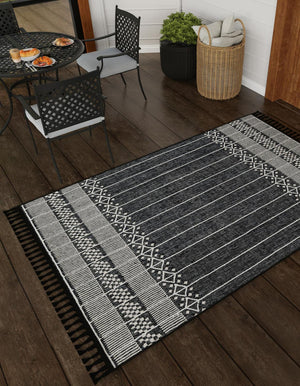 Charcoal Black 10' x 14' 1 Eco Bohemian Indoor Outdoor Rectangle Area Rug Weather Resistant for Patio, Deck, Terrace, Balcony, Porch 100% Recycled PET Polyester Carpet Mat for Sale at Rug Engine