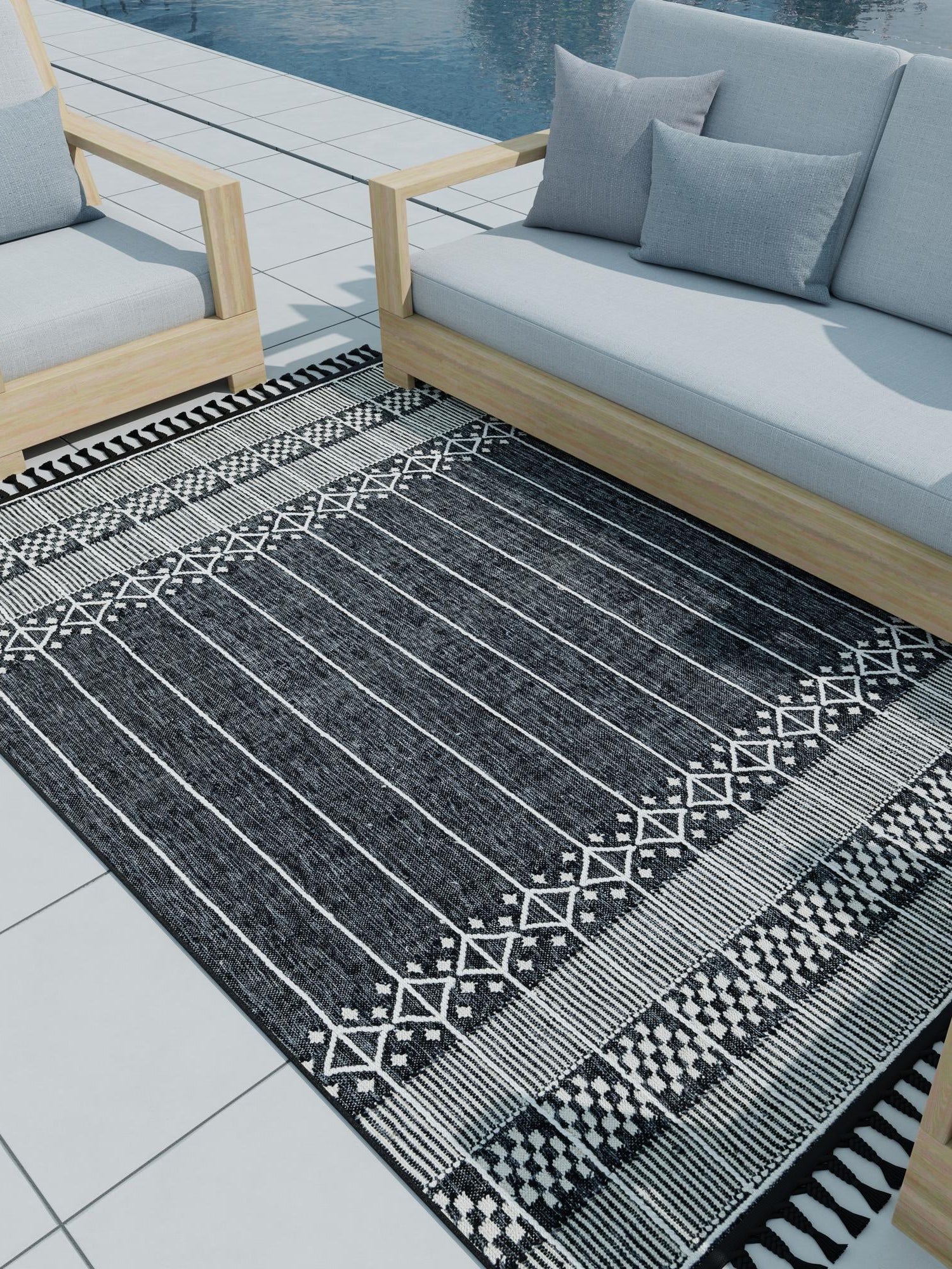 Charcoal Black 5' 1 x 8' Eco Bohemian Indoor Outdoor Rectangle Area Rug Weather Resistant for Patio, Deck, Terrace, Balcony, Porch 100% Recycled PET Polyester Carpet Mat for Sale at Rug Engine