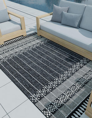Charcoal Black 10' x 14' 1 Eco Bohemian Indoor Outdoor Rectangle Area Rug Weather Resistant for Patio, Deck, Terrace, Balcony, Porch 100% Recycled PET Polyester Carpet Mat for Sale at Rug Engine