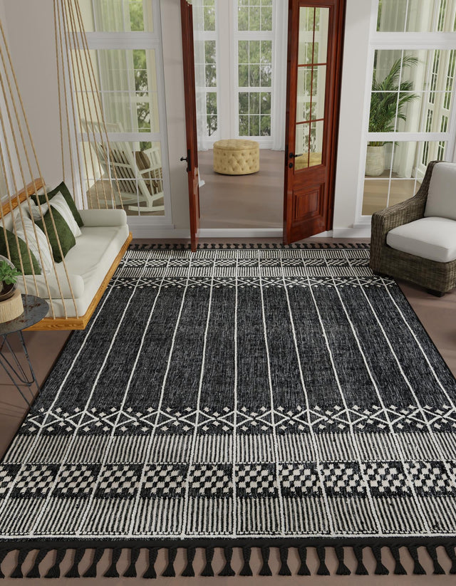 Charcoal Black 2' x 3' 1 Eco Bohemian Indoor Outdoor Rectangle Area Rug Weather Resistant for Patio, Deck, Terrace, Balcony, Porch 100% Recycled PET Polyester Carpet Mat for Sale at Rug Engine