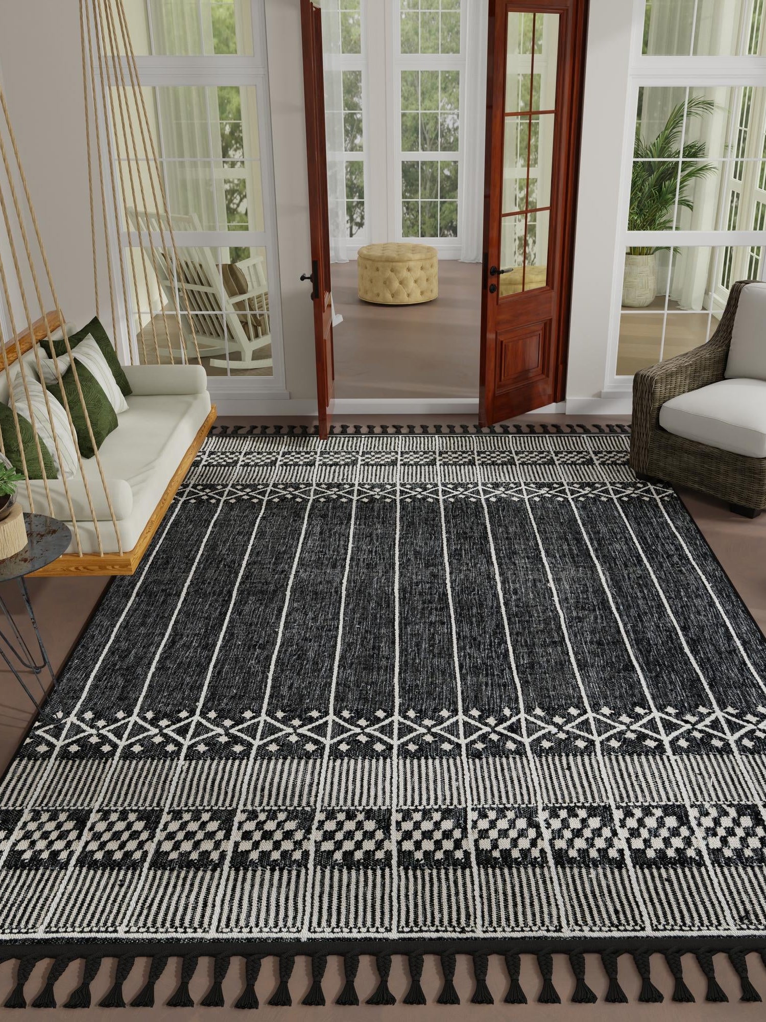 Charcoal Black 7' 10 x 10' Eco Bohemian Indoor Outdoor Rectangle Area Rug Weather Resistant for Patio, Deck, Terrace, Balcony, Porch 100% Recycled PET Polyester Carpet Mat for Sale at Rug Engine