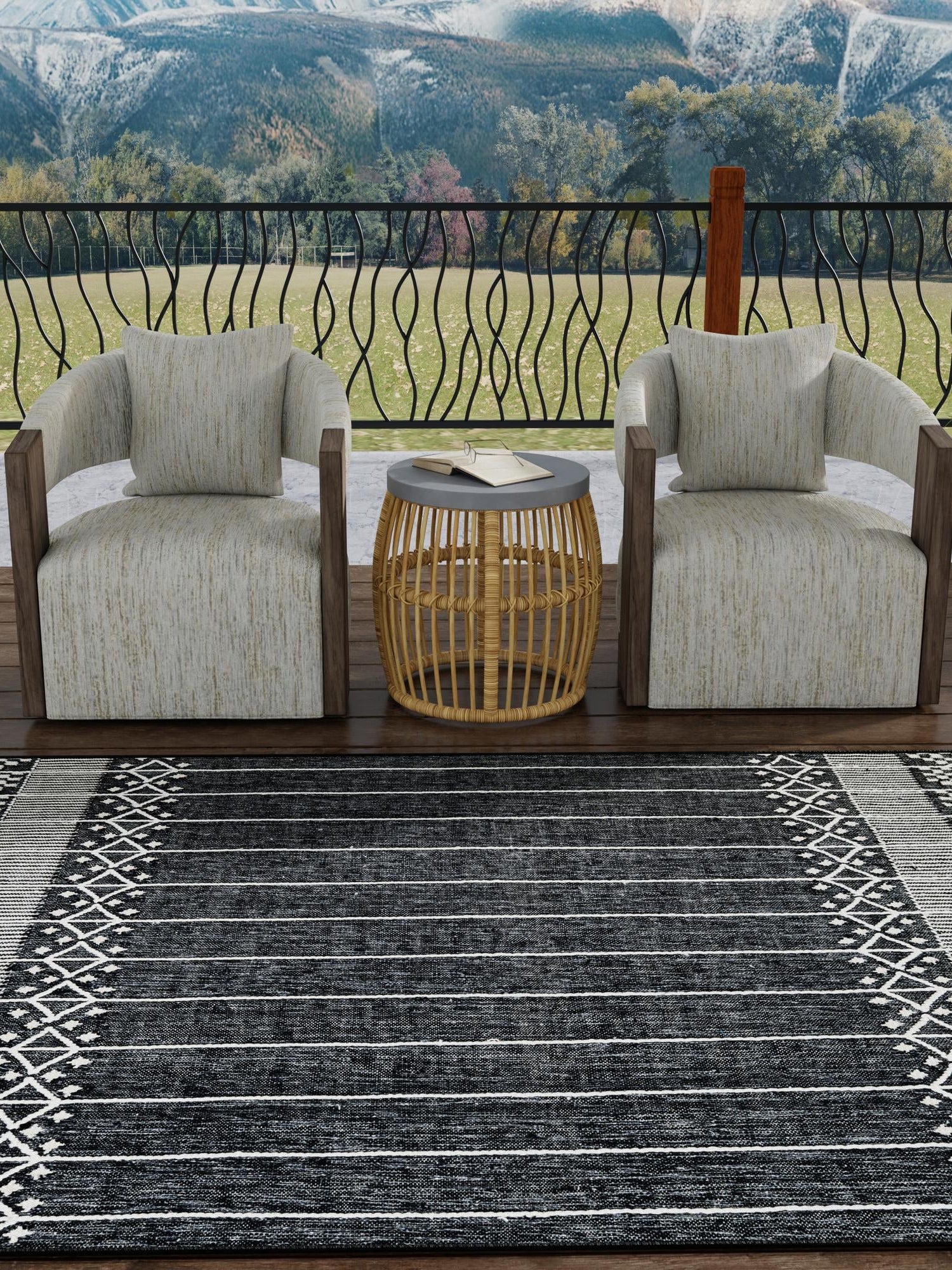 Charcoal Black 10' x 14' 1 Eco Bohemian Indoor Outdoor Rectangle Area Rug Weather Resistant for Patio, Deck, Terrace, Balcony, Porch 100% Recycled PET Polyester Carpet Mat for Sale at Rug Engine