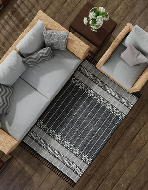 Charcoal Black 4' 1 x 6' 1 Eco Bohemian Indoor Outdoor Rectangle Area Rug Weather Resistant for Patio, Deck, Terrace, Balcony, Porch 100% Recycled PET Polyester Carpet Mat for Sale at Rug Engine
