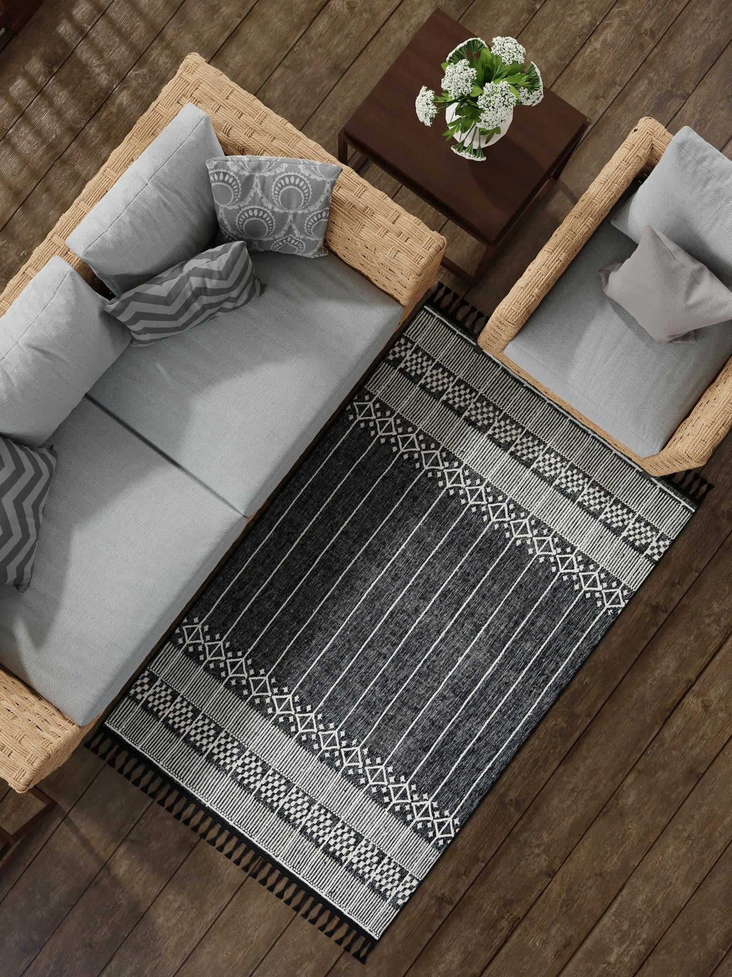 Charcoal Black 9' x 12' Eco Bohemian Indoor Outdoor Rectangle Area Rug Weather Resistant for Patio, Deck, Terrace, Balcony, Porch 100% Recycled PET Polyester Carpet Mat for Sale at Rug Engine