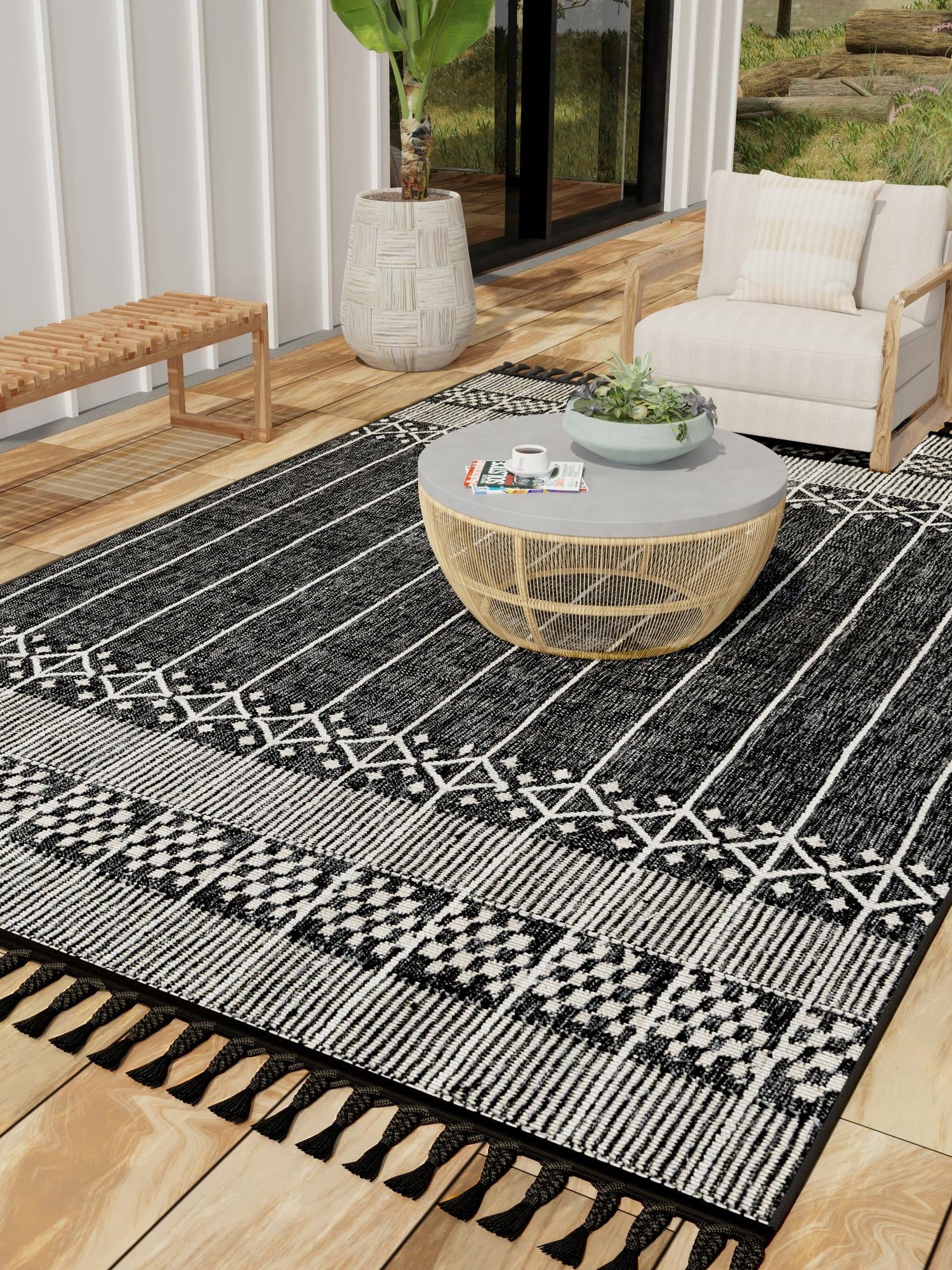 Charcoal Black 2' x 3' 1 Eco Bohemian Indoor Outdoor Rectangle Area Rug Weather Resistant for Patio, Deck, Terrace, Balcony, Porch 100% Recycled PET Polyester Carpet Mat for Sale at Rug Engine