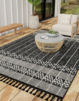Charcoal Black 2' x 3' 1 Eco Bohemian Indoor Outdoor Rectangle Area Rug Weather Resistant for Patio, Deck, Terrace, Balcony, Porch 100% Recycled PET Polyester Carpet Mat for Sale at Rug Engine
