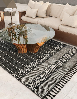 Charcoal Black 4' 1 x 6' 1 Eco Bohemian Indoor Outdoor Rectangle Area Rug Weather Resistant for Patio, Deck, Terrace, Balcony, Porch 100% Recycled PET Polyester Carpet Mat for Sale at Rug Engine