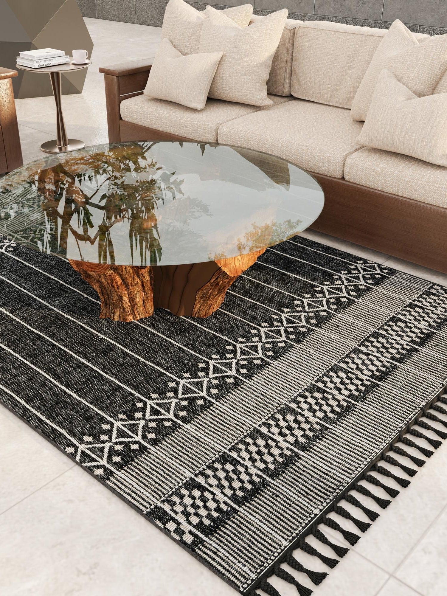Charcoal Black 10' x 14' 1 Eco Bohemian Indoor Outdoor Rectangle Area Rug Weather Resistant for Patio, Deck, Terrace, Balcony, Porch 100% Recycled PET Polyester Carpet Mat for Sale at Rug Engine