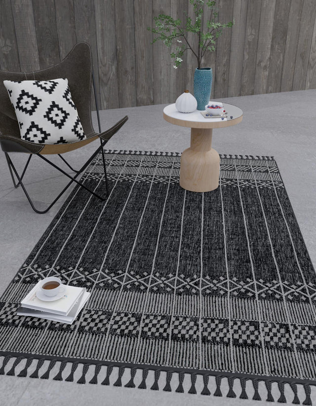 Charcoal Black 7' 10 x 10' Eco Bohemian Indoor Outdoor Rectangle Area Rug Weather Resistant for Patio, Deck, Terrace, Balcony, Porch 100% Recycled PET Polyester Carpet Mat for Sale at Rug Engine