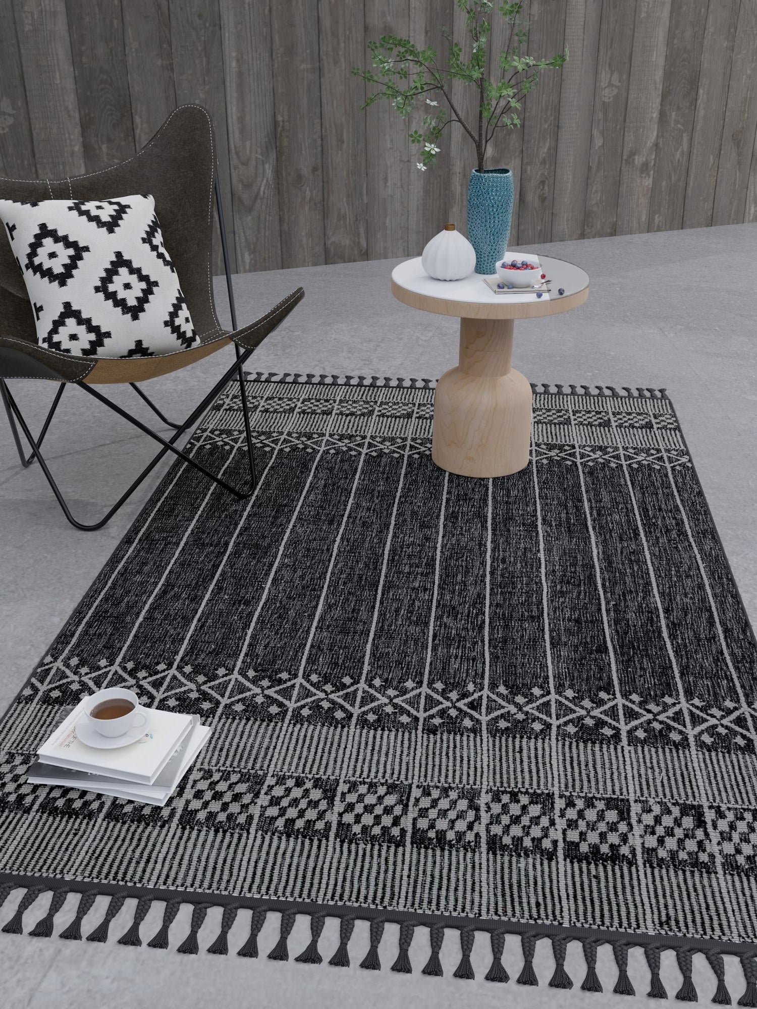 Charcoal Black 2' x 3' 1 Eco Bohemian Indoor Outdoor Rectangle Area Rug Weather Resistant for Patio, Deck, Terrace, Balcony, Porch 100% Recycled PET Polyester Carpet Mat for Sale at Rug Engine