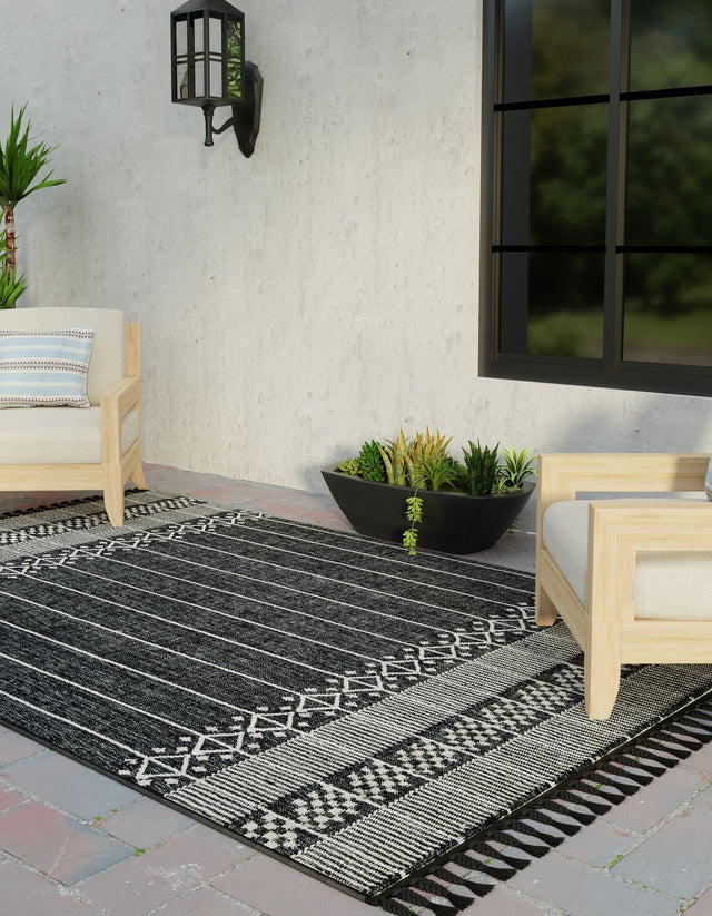 Charcoal Black 4' 1 x 6' 1 Eco Bohemian Indoor Outdoor Rectangle Area Rug Weather Resistant for Patio, Deck, Terrace, Balcony, Porch 100% Recycled PET Polyester Carpet Mat for Sale at Rug Engine