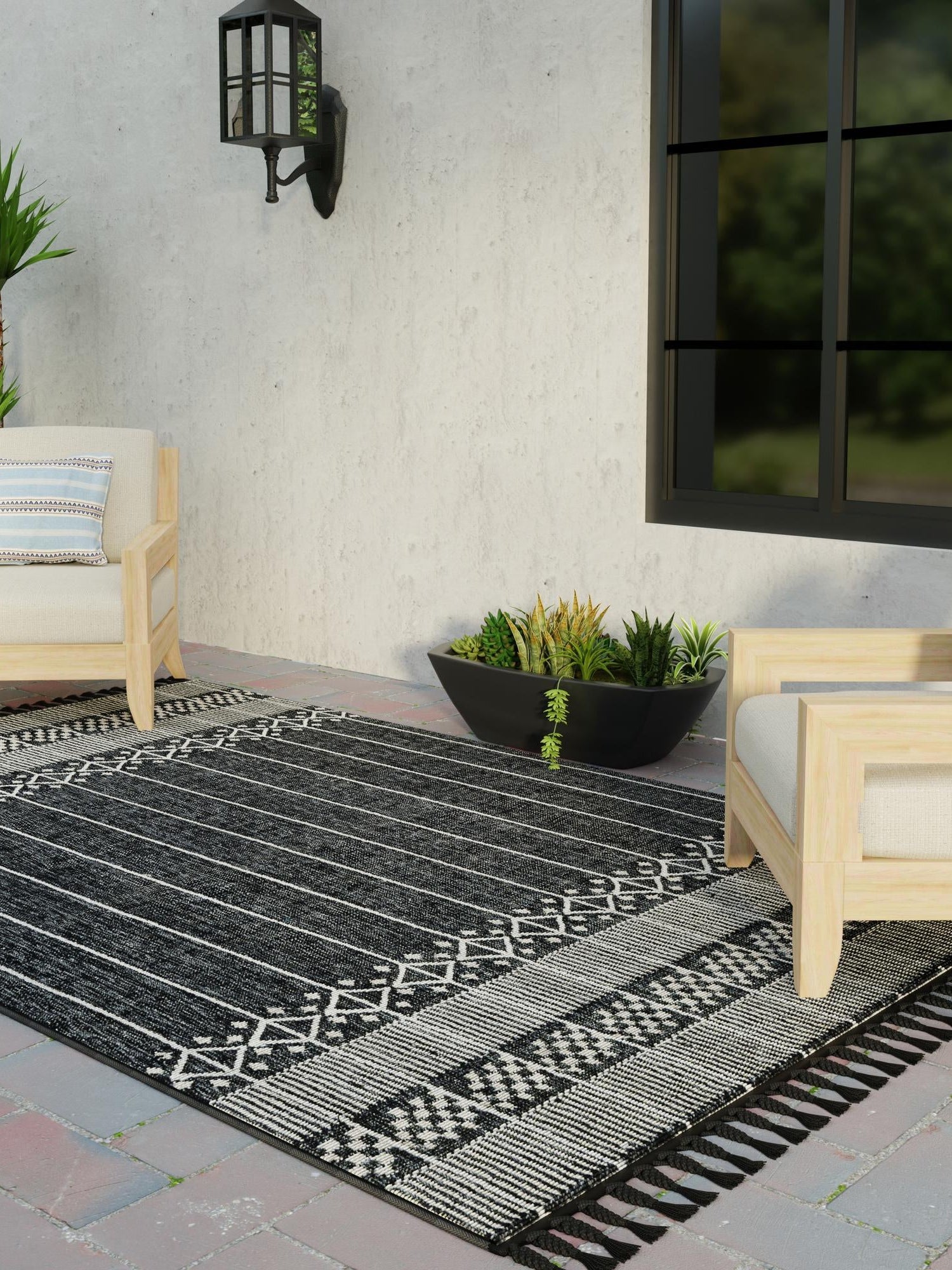 Charcoal Black 7' 10 x 10' Eco Bohemian Indoor Outdoor Rectangle Area Rug Weather Resistant for Patio, Deck, Terrace, Balcony, Porch 100% Recycled PET Polyester Carpet Mat for Sale at Rug Engine