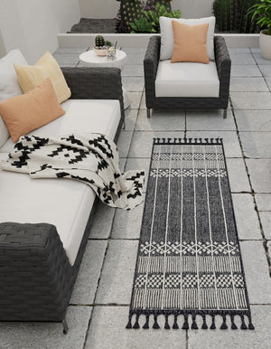 Charcoal Black 2' 2 x 6' 7 Eco Bohemian Indoor Outdoor Runner Area Rug Weather Resistant for Patio, Deck, Terrace, Balcony, Porch 100% Recycled PET Polyester Carpet Mat for Sale at Rug Engine