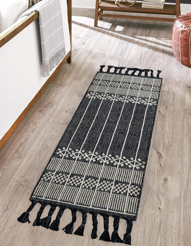 Charcoal Black 2' 2 x 6' 7 Eco Bohemian Indoor Outdoor Runner Area Rug Weather Resistant for Patio, Deck, Terrace, Balcony, Porch 100% Recycled PET Polyester Carpet Mat for Sale at Rug Engine