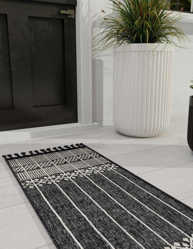 Charcoal Black 2' 2 x 8' 2 Eco Bohemian Indoor Outdoor Runner Area Rug Weather Resistant for Patio, Deck, Terrace, Balcony, Porch 100% Recycled PET Polyester Carpet Mat for Sale at Rug Engine