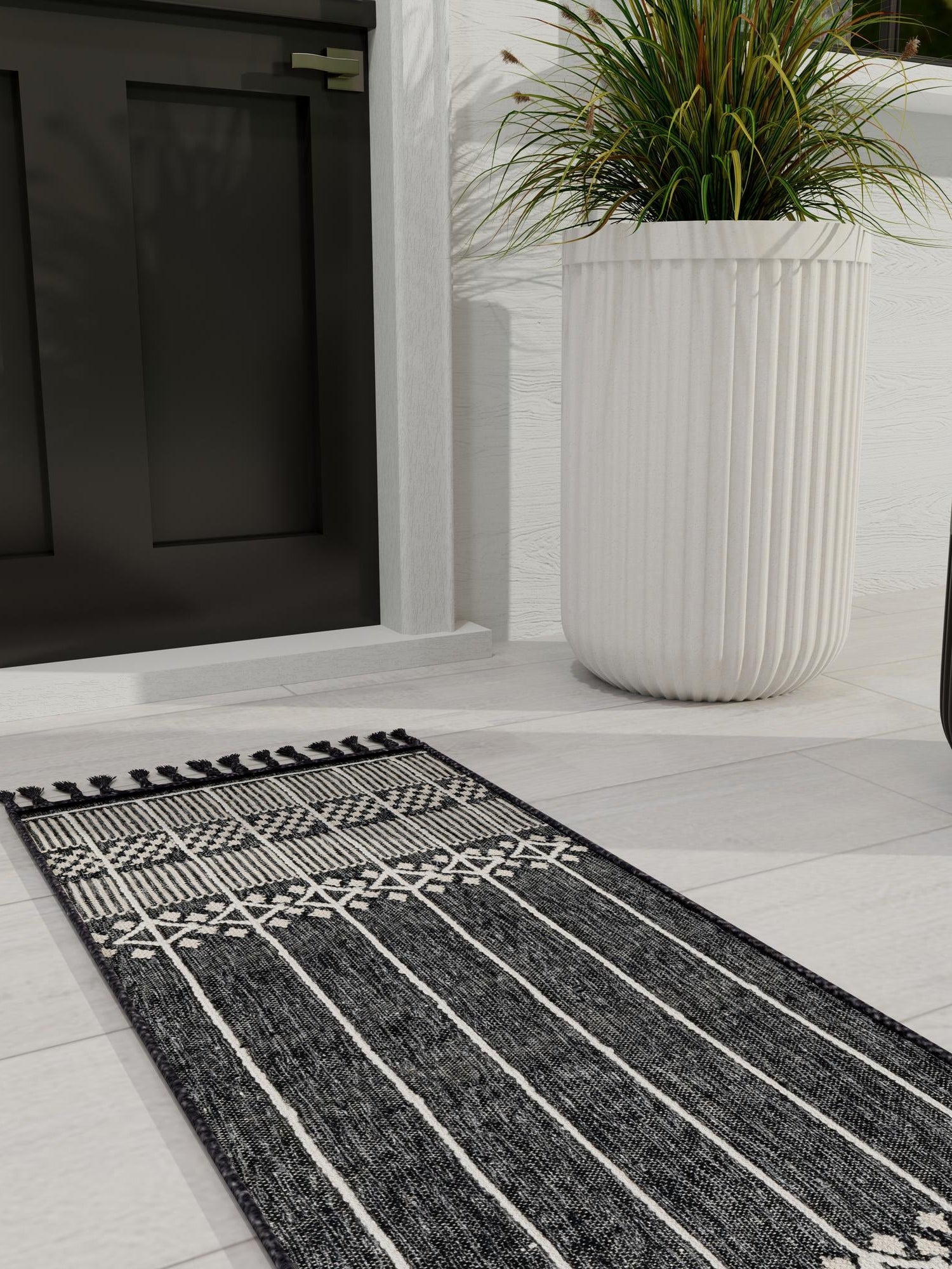 Charcoal Black 2' 2 x 5' 1 Eco Bohemian Indoor Outdoor Runner Area Rug Weather Resistant for Patio, Deck, Terrace, Balcony, Porch 100% Recycled PET Polyester Carpet Mat for Sale at Rug Engine