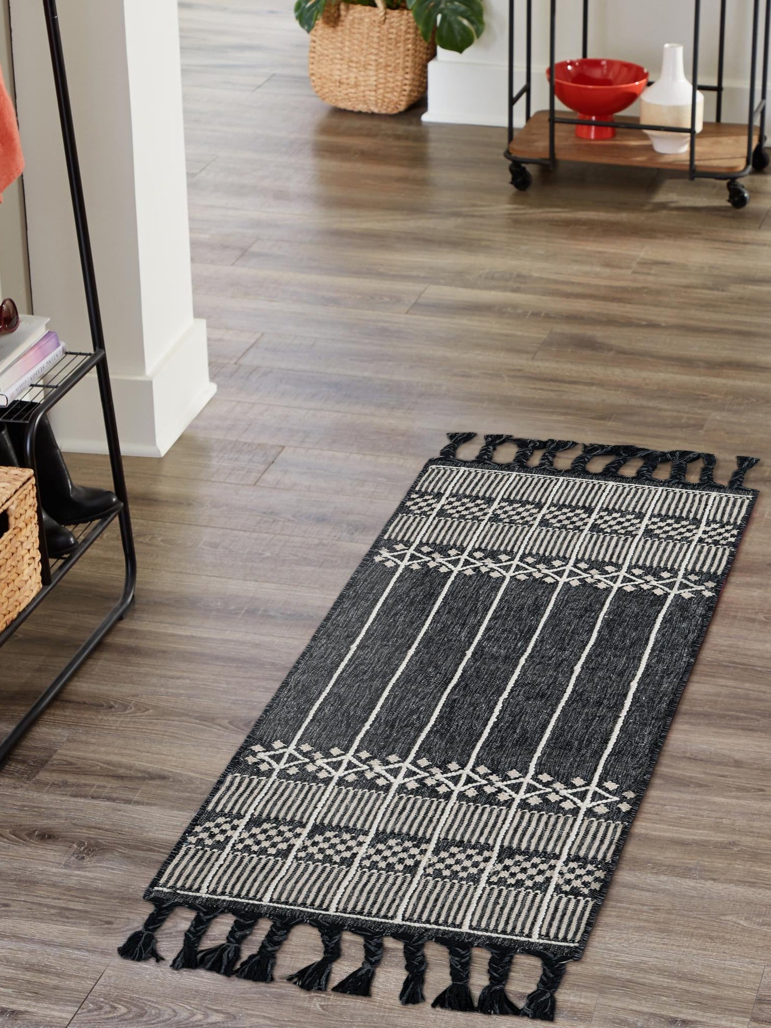 Charcoal Black 2' 2 x 5' 1 Eco Bohemian Indoor Outdoor Runner Area Rug Weather Resistant for Patio, Deck, Terrace, Balcony, Porch 100% Recycled PET Polyester Carpet Mat for Sale at Rug Engine