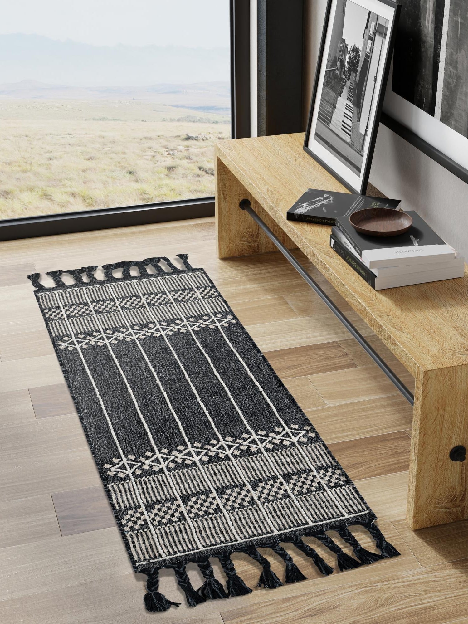 Charcoal Black 2' 2 x 5' 1 Eco Bohemian Indoor Outdoor Runner Area Rug Weather Resistant for Patio, Deck, Terrace, Balcony, Porch 100% Recycled PET Polyester Carpet Mat for Sale at Rug Engine