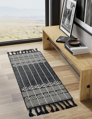 Charcoal Black 2' 2 x 5' 1 Eco Bohemian Indoor Outdoor Runner Area Rug Weather Resistant for Patio, Deck, Terrace, Balcony, Porch 100% Recycled PET Polyester Carpet Mat for Sale at Rug Engine