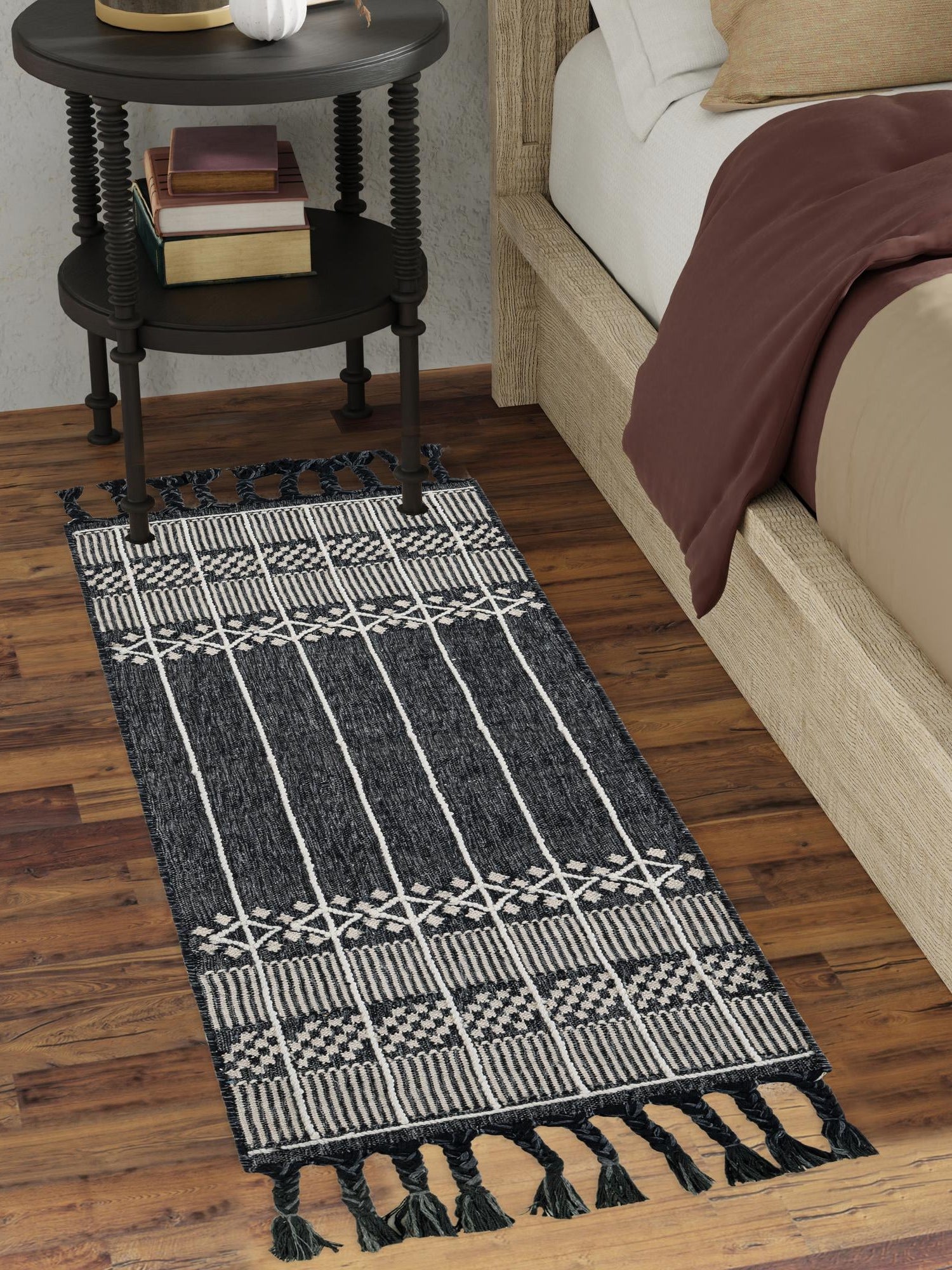 Charcoal Black 2' 2 x 5' 1 Eco Bohemian Indoor Outdoor Runner Area Rug Weather Resistant for Patio, Deck, Terrace, Balcony, Porch 100% Recycled PET Polyester Carpet Mat for Sale at Rug Engine