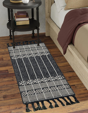 Charcoal Black 2' 2 x 6' 7 Eco Bohemian Indoor Outdoor Runner Area Rug Weather Resistant for Patio, Deck, Terrace, Balcony, Porch 100% Recycled PET Polyester Carpet Mat for Sale at Rug Engine