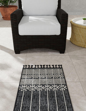 Charcoal Black 2' 2 x 8' 2 Eco Bohemian Indoor Outdoor Runner Area Rug Weather Resistant for Patio, Deck, Terrace, Balcony, Porch 100% Recycled PET Polyester Carpet Mat for Sale at Rug Engine