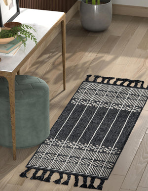 Charcoal Black 2' 2 x 5' 1 Eco Bohemian Indoor Outdoor Runner Area Rug Weather Resistant for Patio, Deck, Terrace, Balcony, Porch 100% Recycled PET Polyester Carpet Mat for Sale at Rug Engine