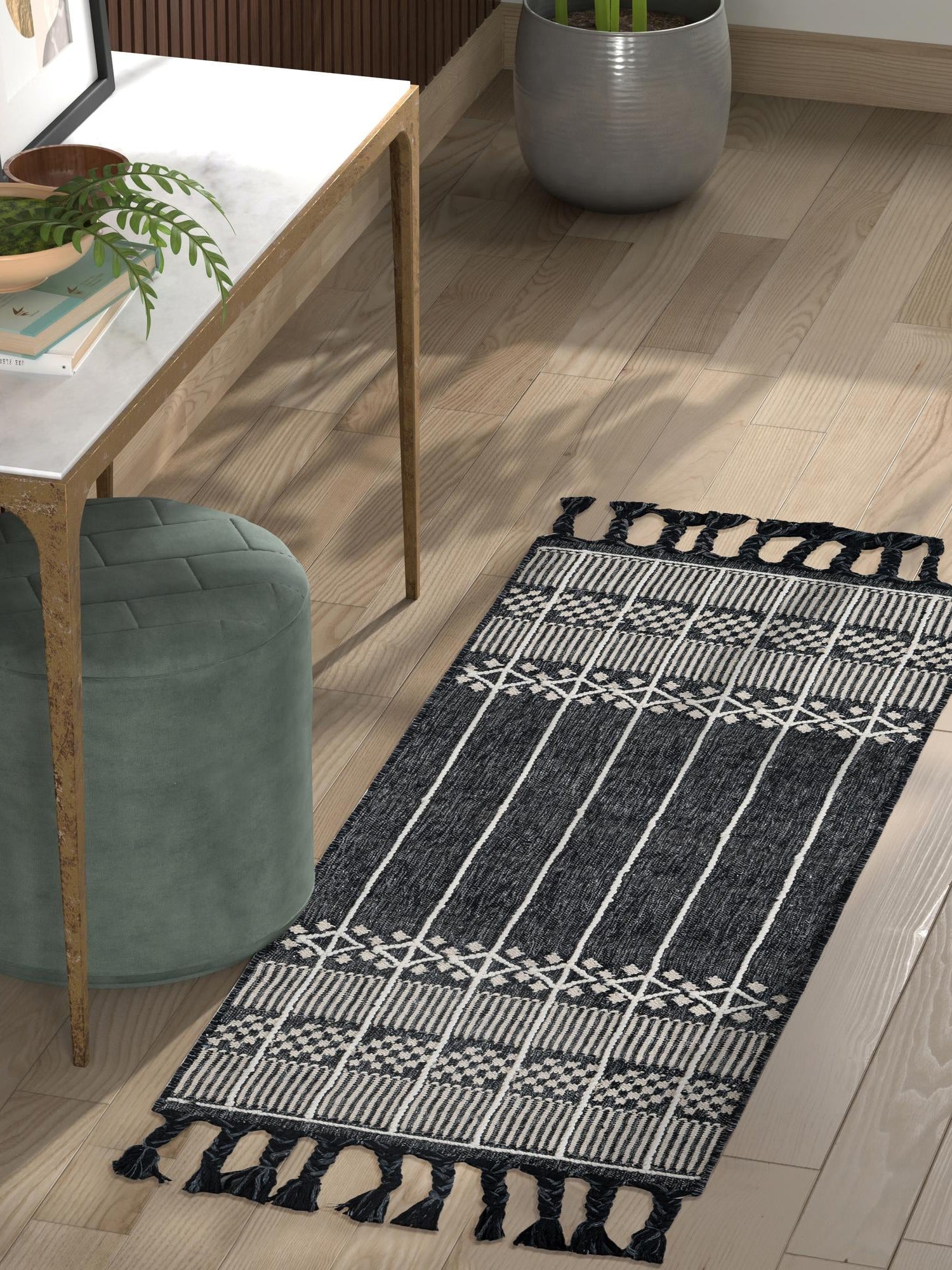 Charcoal Black 2' 2 x 6' 7 Eco Bohemian Indoor Outdoor Runner Area Rug Weather Resistant for Patio, Deck, Terrace, Balcony, Porch 100% Recycled PET Polyester Carpet Mat for Sale at Rug Engine