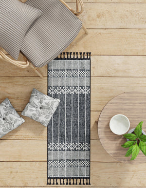 Charcoal Black 2' 2 x 8' 2 Eco Bohemian Indoor Outdoor Runner Area Rug Weather Resistant for Patio, Deck, Terrace, Balcony, Porch 100% Recycled PET Polyester Carpet Mat for Sale at Rug Engine