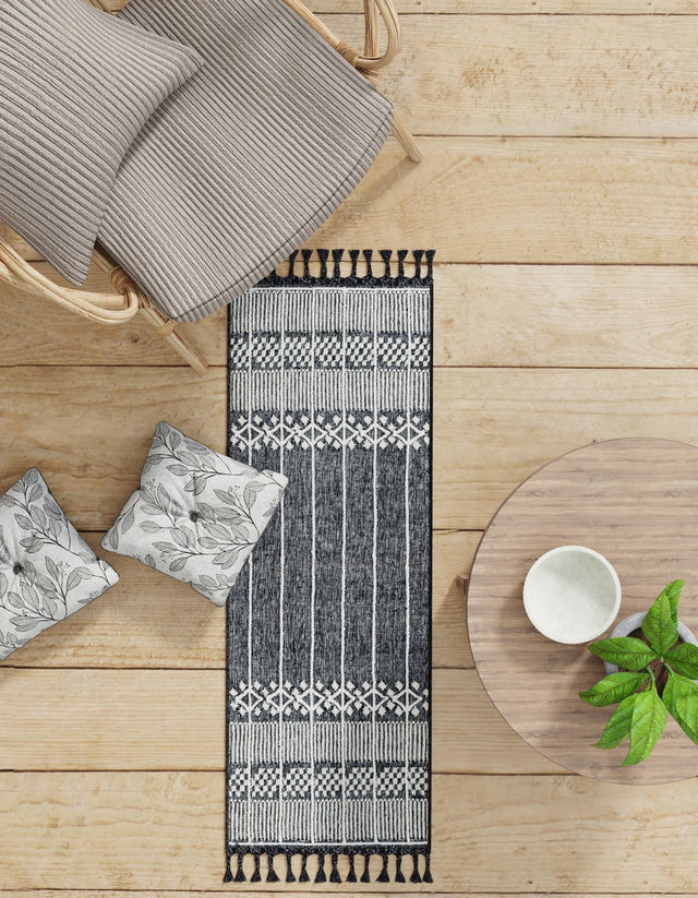 Charcoal Black 2' 2 x 8' 2 Eco Bohemian Indoor Outdoor Runner Area Rug Weather Resistant for Patio, Deck, Terrace, Balcony, Porch 100% Recycled PET Polyester Carpet Mat for Sale at Rug Engine