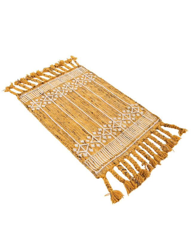Mustard Yellow 2' x 3' 1 Eco Bohemian Indoor Outdoor Rectangle Area Rug Weather Resistant for Patio, Deck, Terrace, Balcony, Porch 100% Recycled PET Polyester Carpet Mat for Sale at Rug Engine