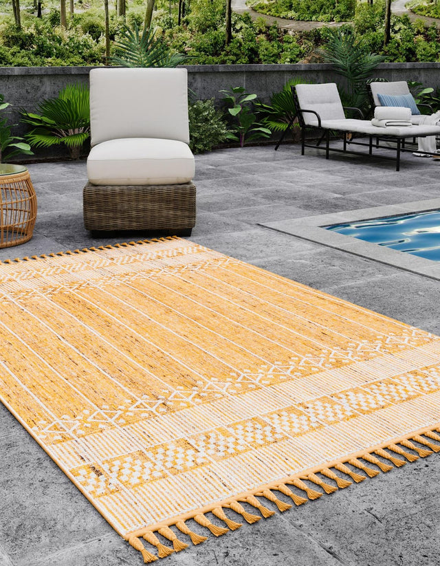 Mustard Yellow 5' 1 x 8' Eco Bohemian Indoor Outdoor Rectangle Area Rug Weather Resistant for Patio, Deck, Terrace, Balcony, Porch 100% Recycled PET Polyester Carpet Mat for Sale at Rug Engine