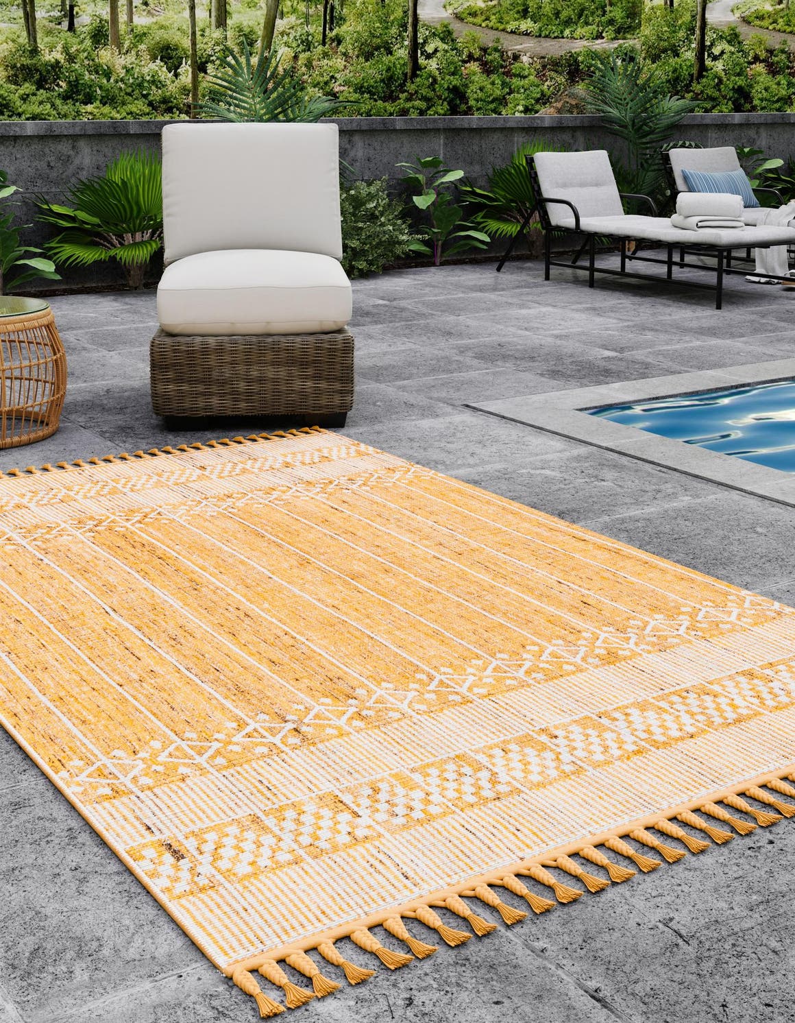 Mustard Yellow 2' x 3' 1 Eco Bohemian Indoor Outdoor Rectangle Area Rug Weather Resistant for Patio, Deck, Terrace, Balcony, Porch 100% Recycled PET Polyester Carpet Mat for Sale at Rug Engine